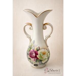 Vintage Arnart Floral Porcelain Vase Double Handle Gold Trim Japan